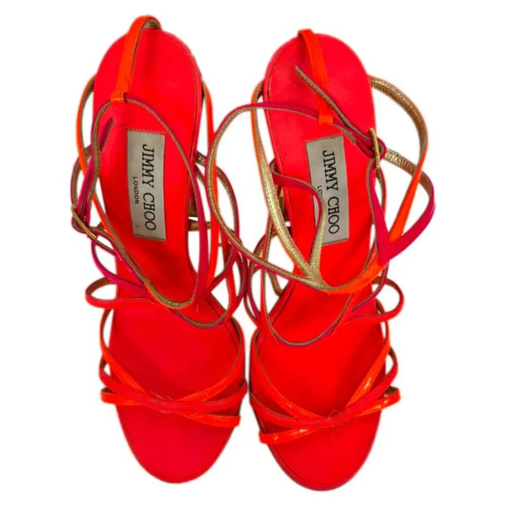 Jimmy Choo Strappy Sandal Heels in Neon Orange and Pink Leather